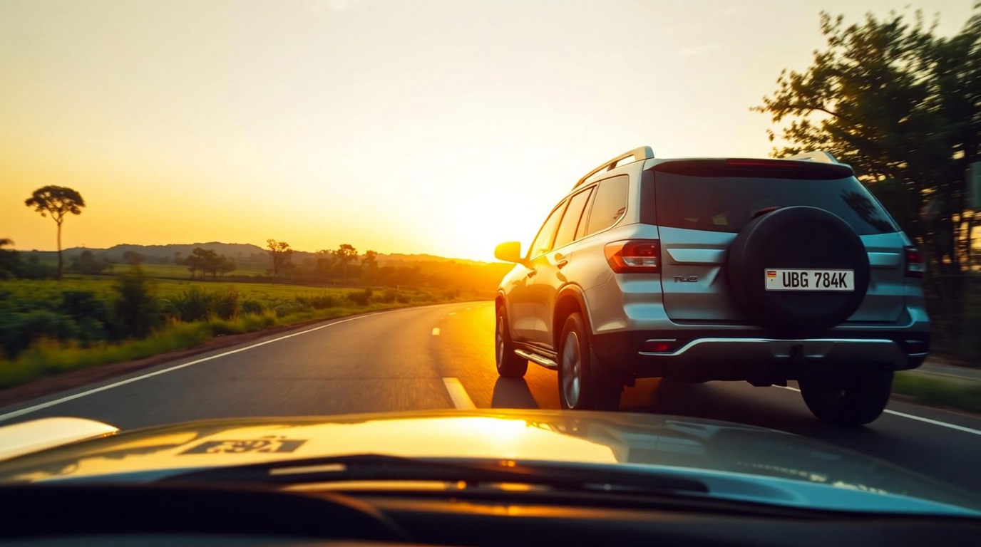 Clean SUV driving on a Ugandan highway at golden hour