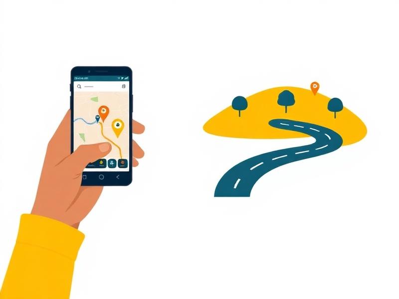 Searching a route on a phone map with a winding road to an upcountry town